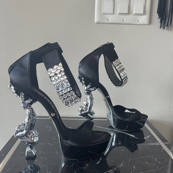 Gianmarco Lorenzi Black Satin Crystal Sandals Heels with Sculpted Nubian heel 40 - Picture 3 of 5